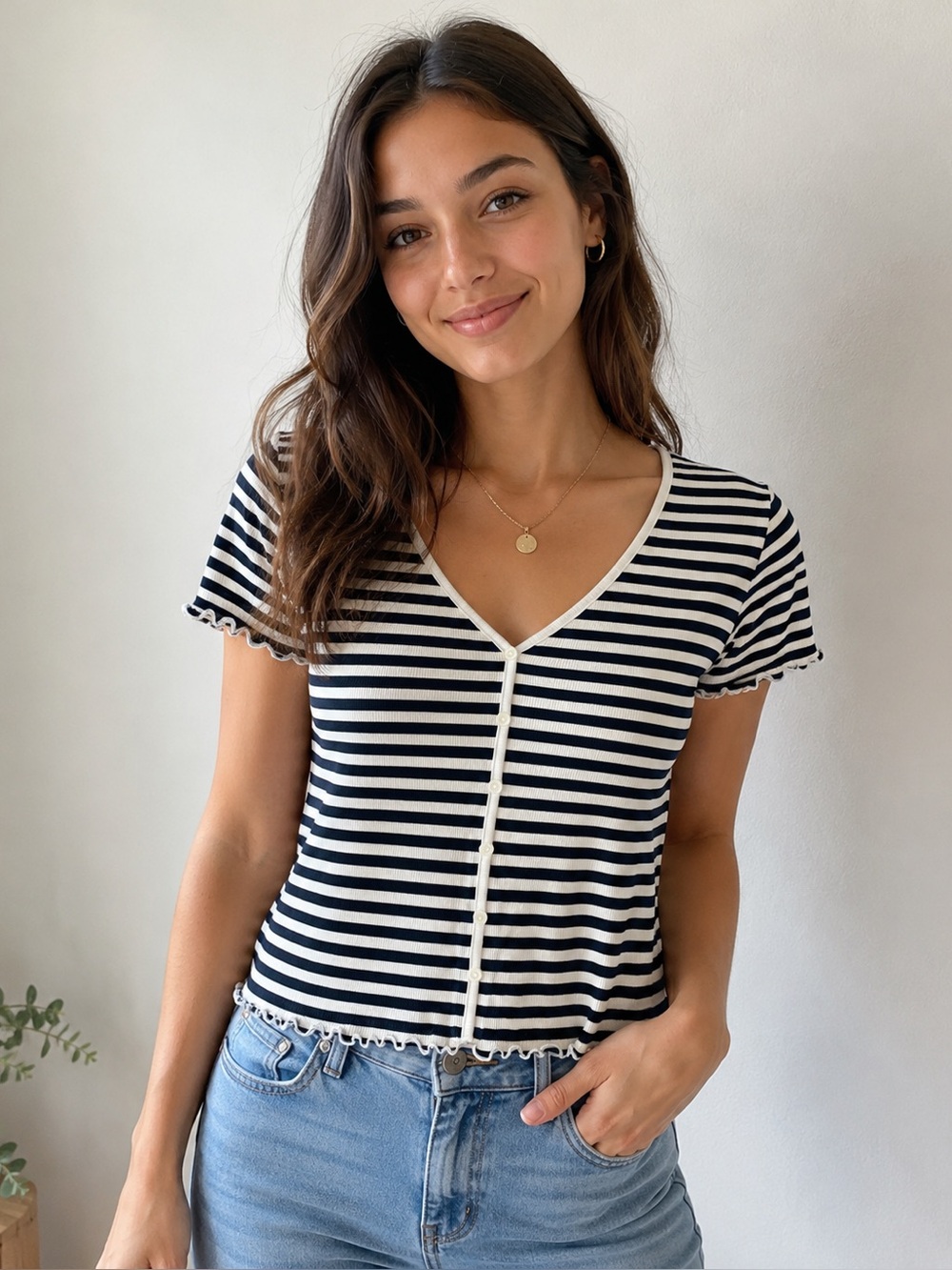 Old Navy Striped Ribbed Knit Button Front Top | Size XL